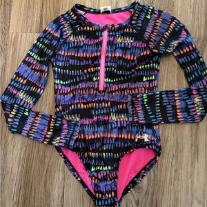 Under Armour Girls' Long Sleeve Multi-Color & Pink Rashguard Swimsuit